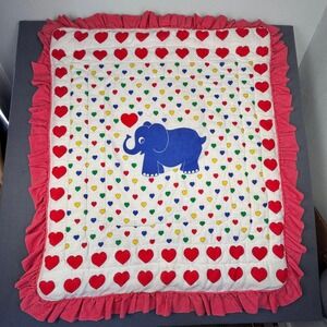 Vtg 80s Sears Baby Quilt Blanket Blue Elephant Hearts Red Ruffle Edge Dots READ